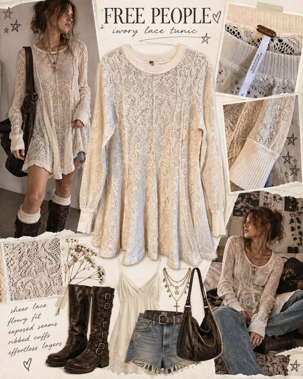Free People Coffee In The Morning Lace Tunic Top M Ivory Cream Sheer Boho - Picture 2 of 4